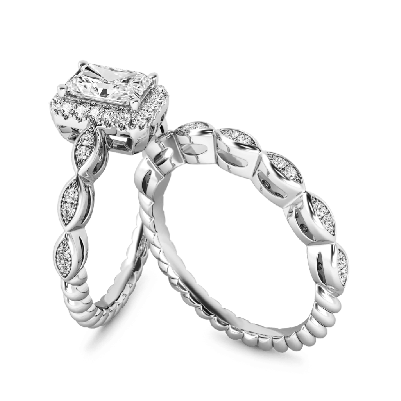 Vintage Emerald Cut Halo Ring Set
