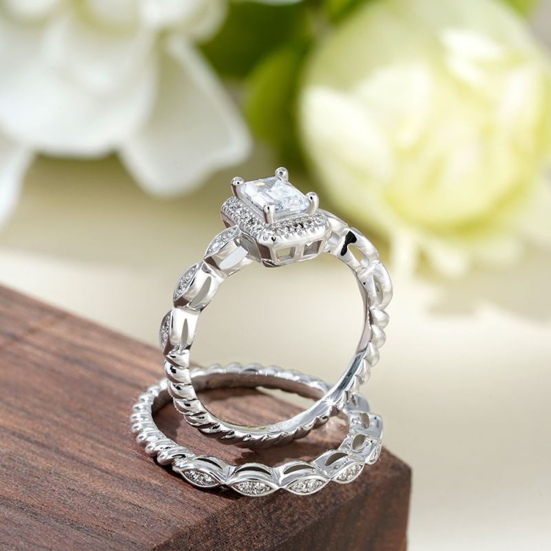Vintage Emerald Cut Halo Ring Set
